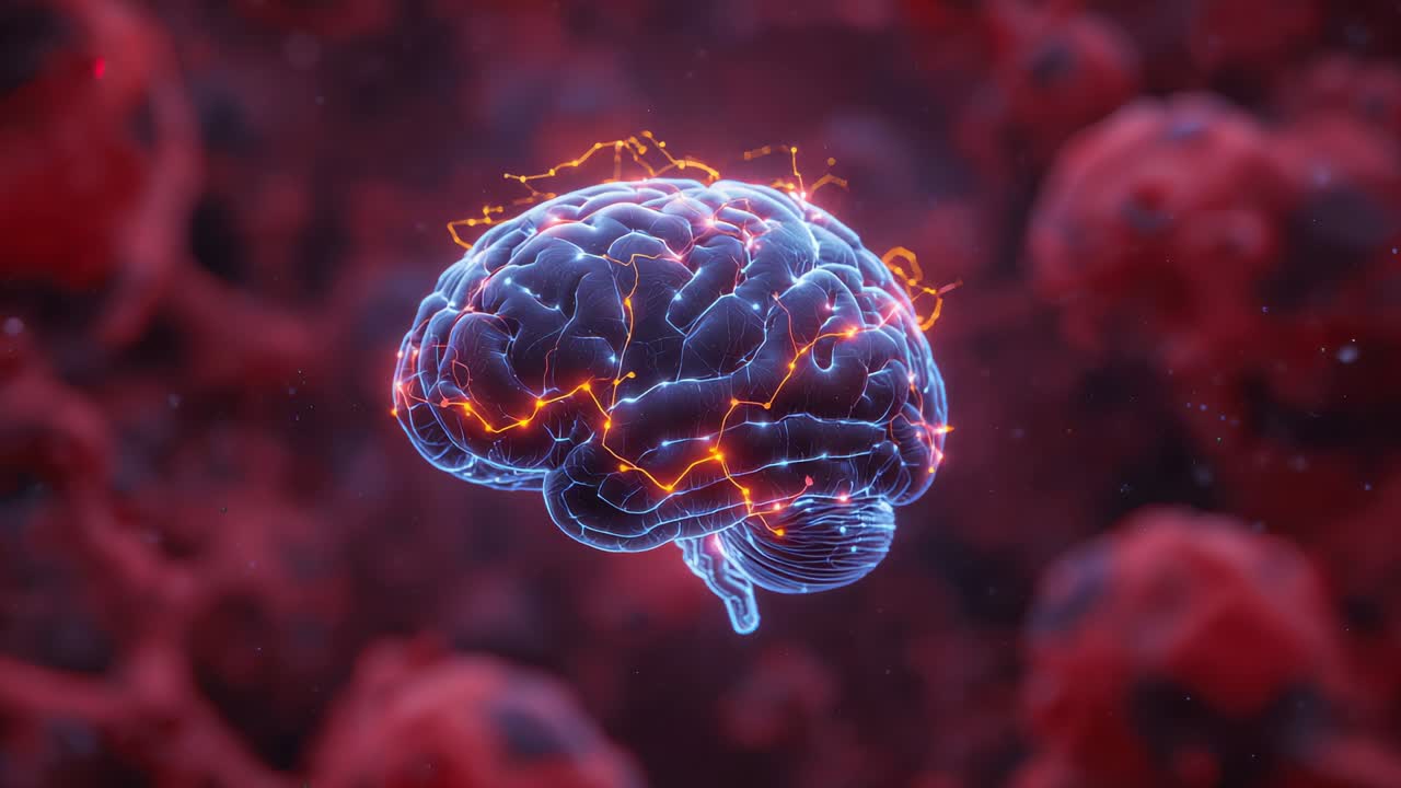 Rotating stylized brain at start mapping amber neural pulses showing brain activity in medical view