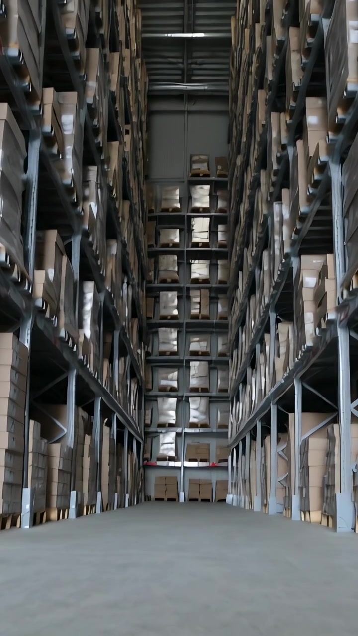 Vertical video: Moving camera low in warehouse, tilting up, revealing pallet racking to show height
