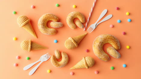 assortment of desserts and candies on an orange background