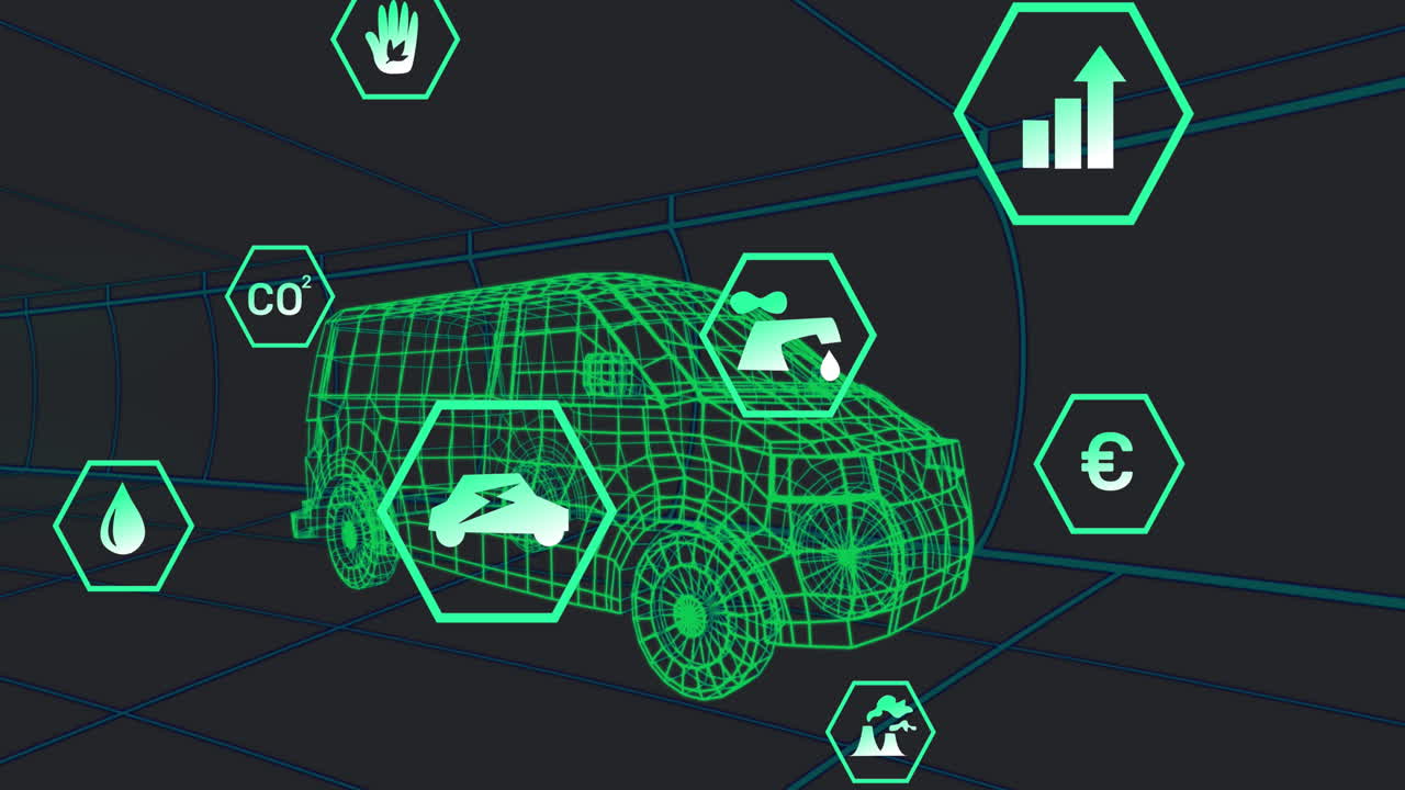 animación de múltiples iconos digitales sobre un modelo de furgoneta 3d que se mueve en un patrón sin costuras en un túnel