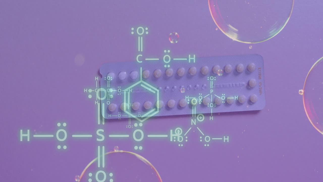 dna 줄무 다이어그램의 애니메이션과 알약 위에 있는 거품