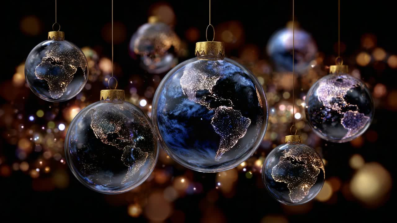 A Captivating Display of Globes Featuring Earth Ornamentation, Showcasing Sparkling Cities and the Majesty of Our Planet in a Stunning Holiday Arrangement Combined with Dazzling Bokeh Effects