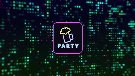animation of party text, cloud on glass in square over multicolored squares on black background