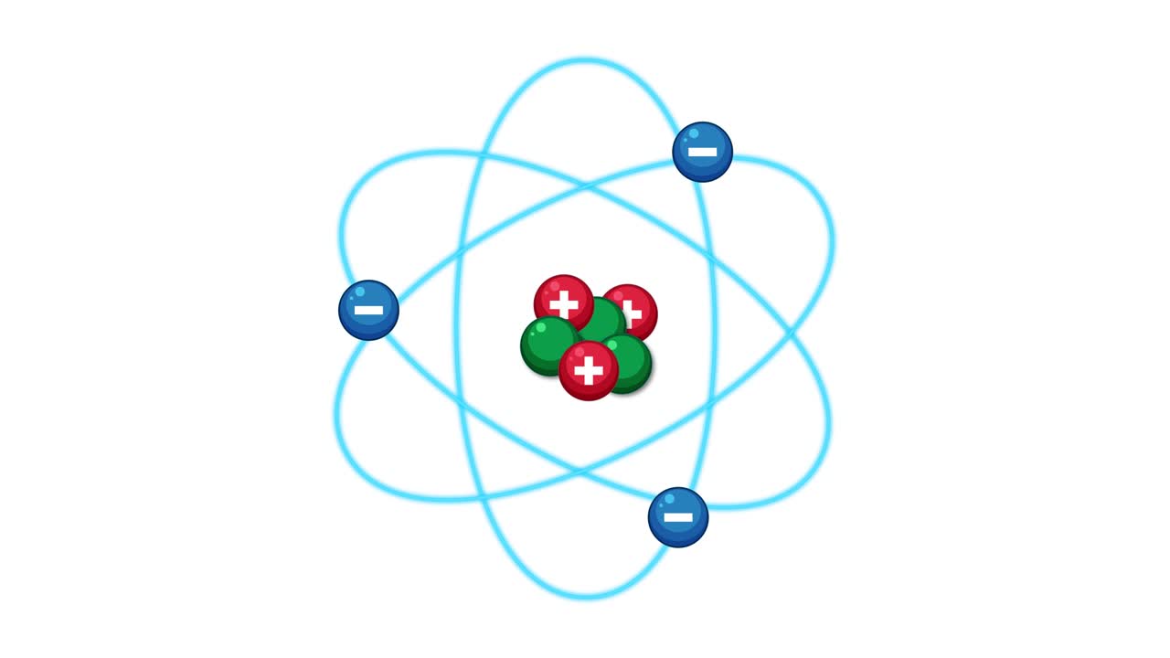 Atom model animation showing electrons orbiting nucleus, smooth transitions, clean vector style, white background