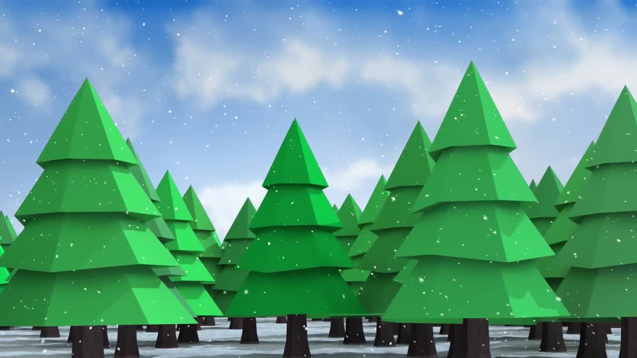 Animation of snow falling over fir trees and winter scenery
