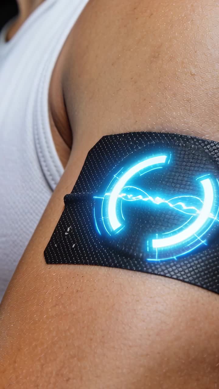 Vertical video: Hand nearby pressing black patch on arm at home to start node pulse, white tank top