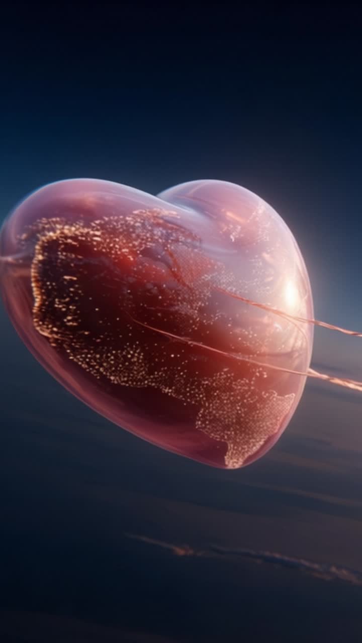 Una splendida animazione di una Terra a forma di cuore con un bagliore, che cattura l'essenza dell'amore e della connessione oltre i confini nel vasto universo.