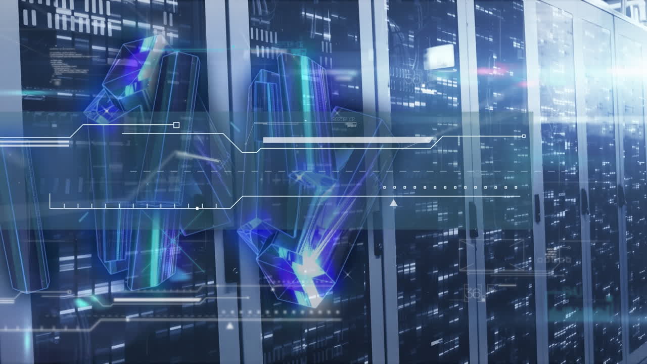 Animation of moving shapes and data processing over server room