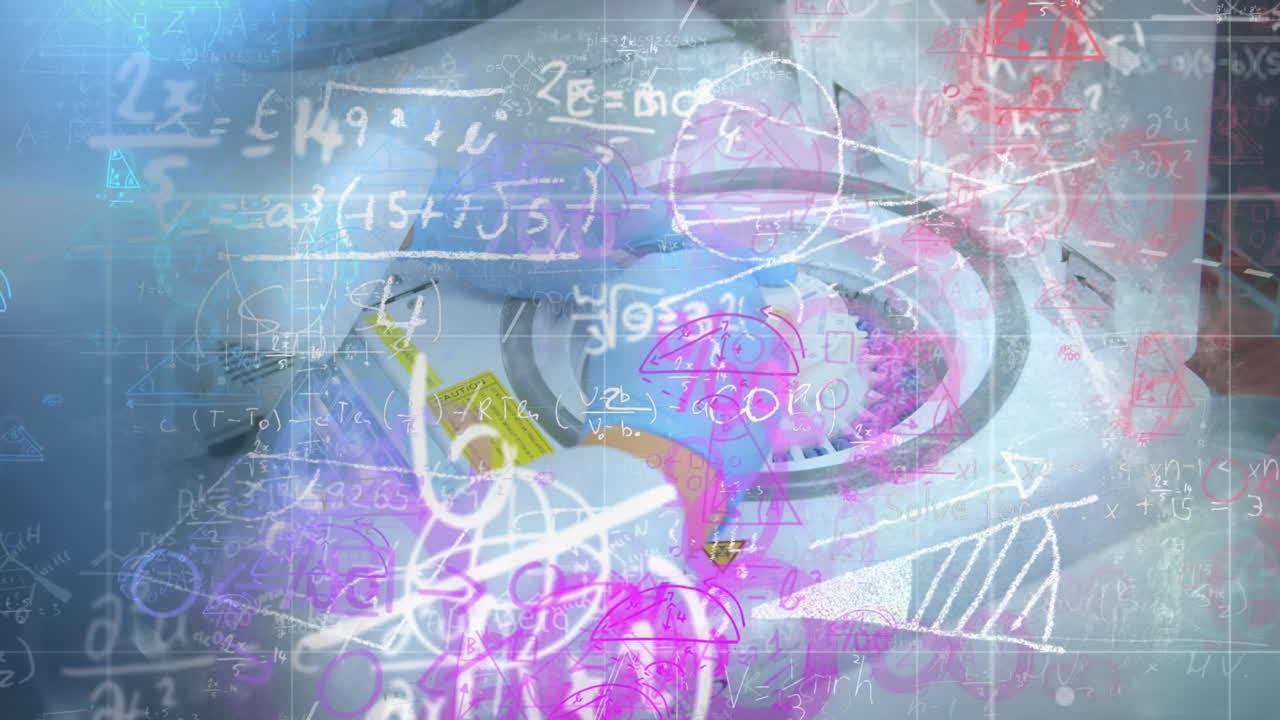 수학적 방정식이 실험실에서 일하는 과학자에 맞서 움직입니다.