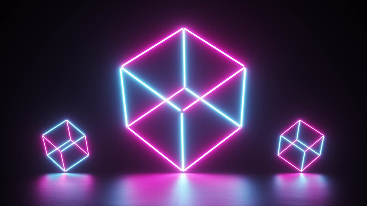 Linee neon astratte e luminose che creano cubi, spettro blu-violetto, luce ultravioletta fluorescente, illuminazione moderna e colorata, animazione CG in loop continuo 4K.