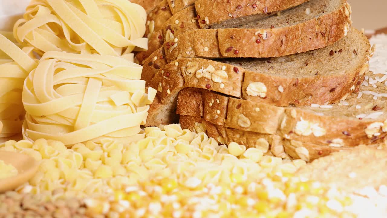 A variety of grains and breads arranged on a wooden surface, captured in warm, natural lighting with a focus on textures