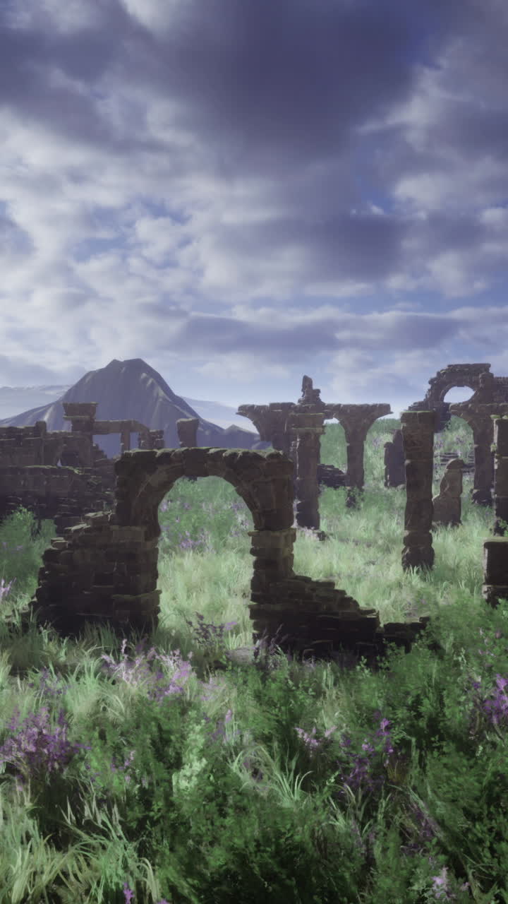 Ruins on a mountain landscape during sunset with dramatic sky
