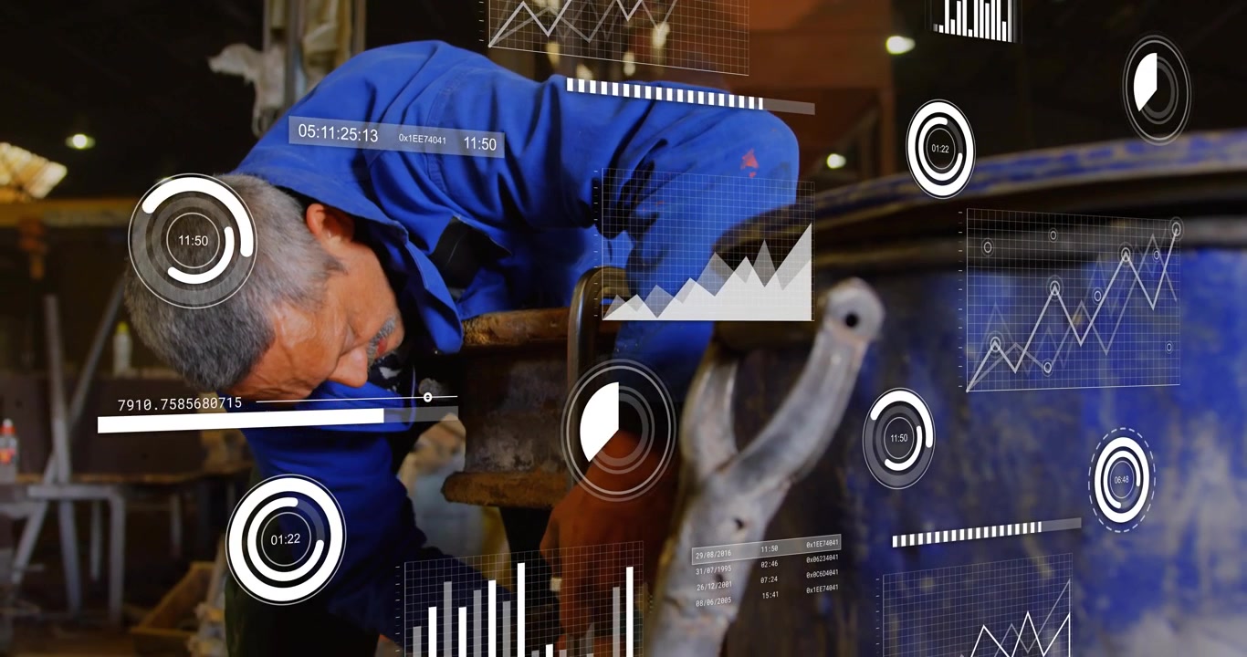 Leaning mature technician adjusting clamped pipe on workbench in blue shirt, HUD overlays visible