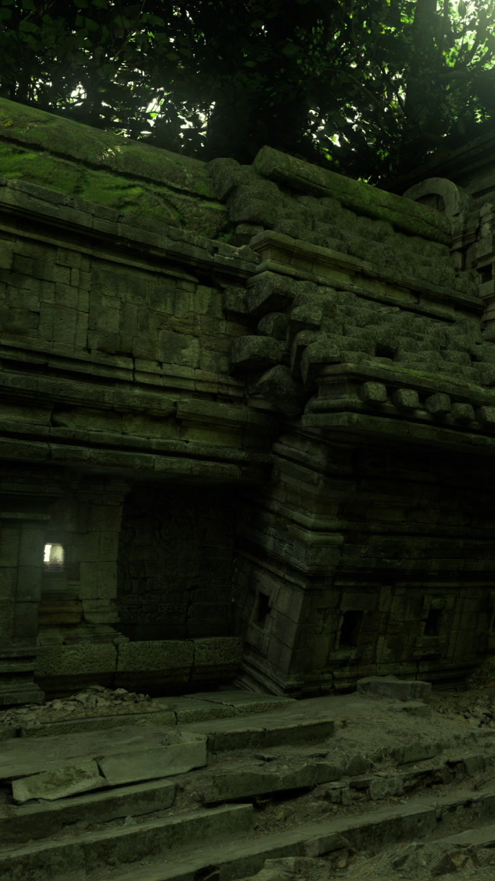Ancient stone structure hidden beneath lush greenery in a mysterious location