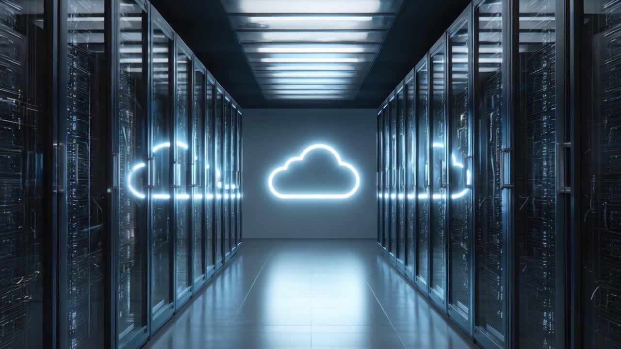 A Futuristic View Inside a Data Center Featuring Sleek Server Racks Lining the Walls and Illuminated Cloud Graphics for Modern Cloud Computing Solutions