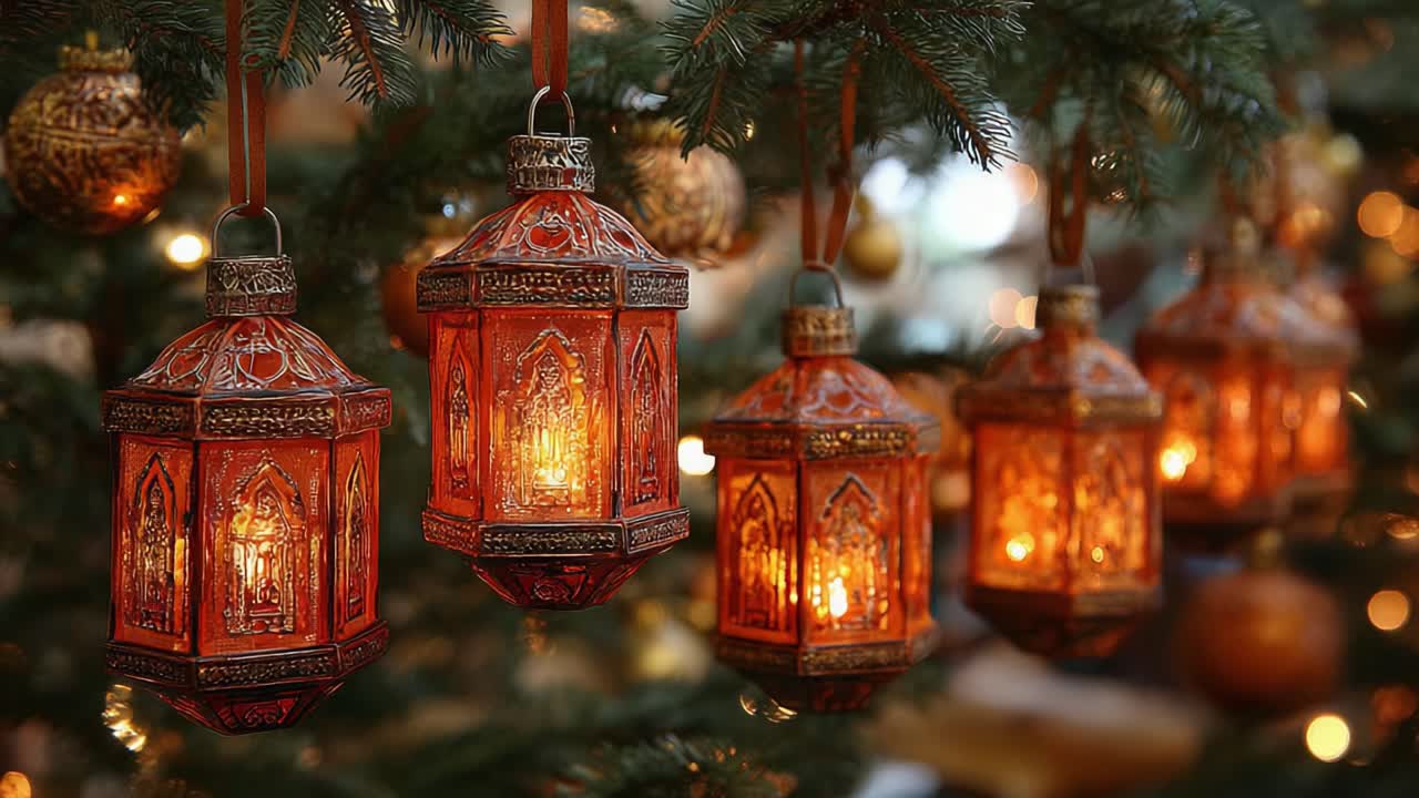 A Warm Glow: Beautifully Crafted Decorative Lanterns Hanging on a Christmas Tree, Illuminating the Festive Atmosphere with Their Soft Golden Light