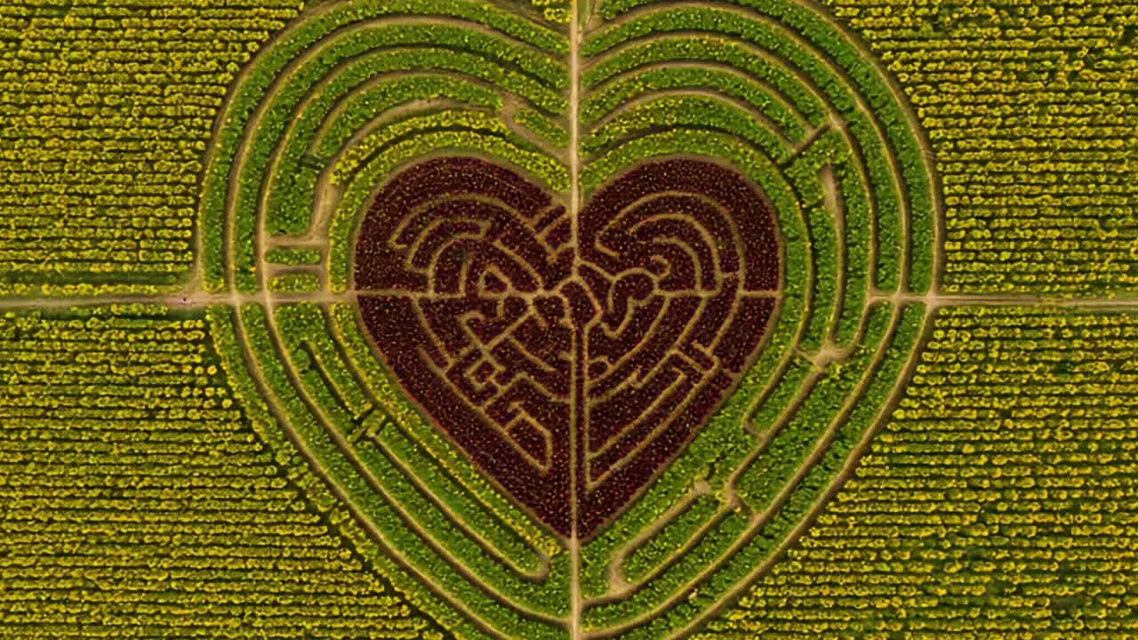 Aerial View of a Heart-Shaped Maze Nestled Among Vibrant Green and Yellow Fields, Showcasing Intricate Pathways and a Unique Love Symbol in Nature