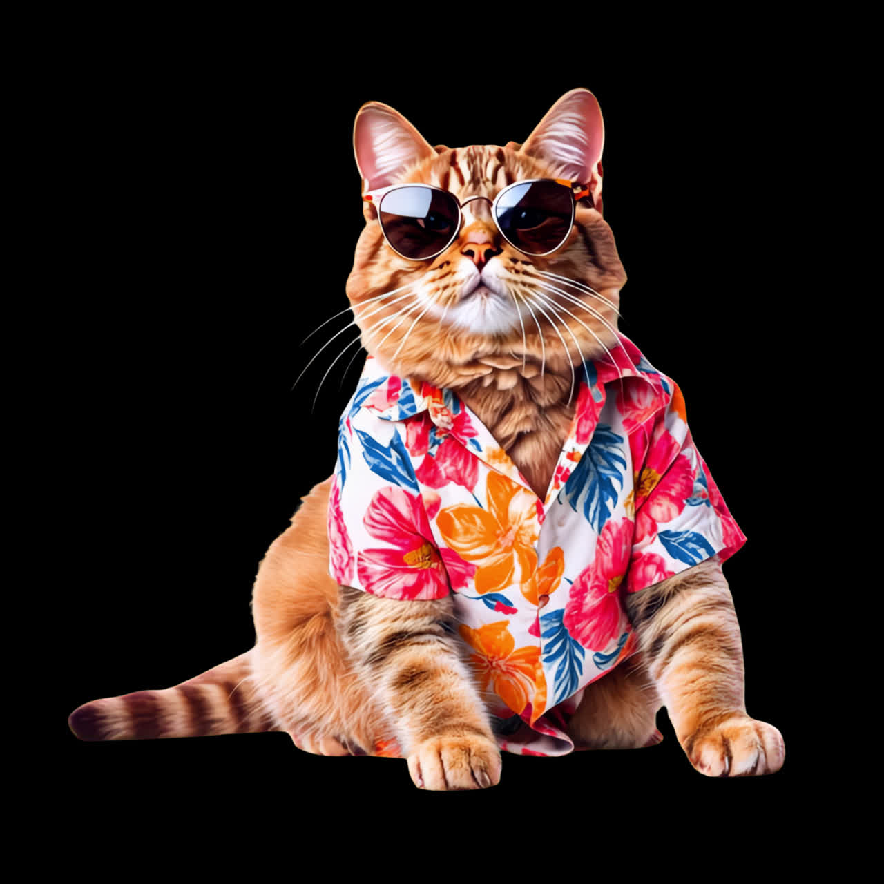 Stylish cat in floral shirt animation isolated asset, transparent 4K video, alpha channel, ProRes