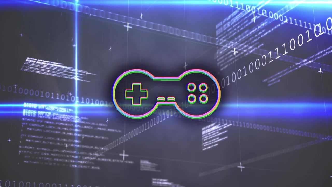 Animation of game pad over data processing on dark background
