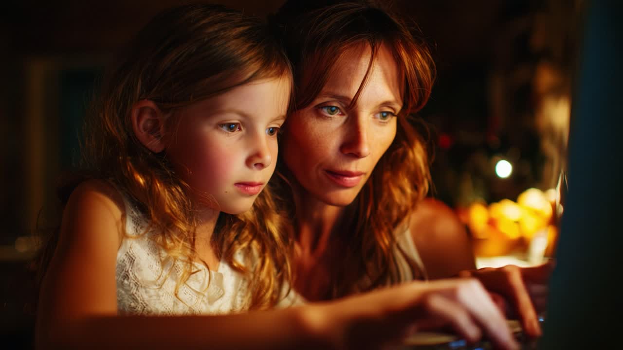 A mother and daughter share a special moment together, focused on a screen, embracing curiosity and learning in a warm, intimate setting illuminated by soft lighting