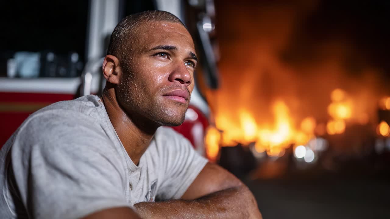 Um bombeiro heroico contempla a devastação após combater um incêndio intenso, refletindo sobre a coragem, o sacrifício e os custos de combater incêndios florestais em condições darkesque.