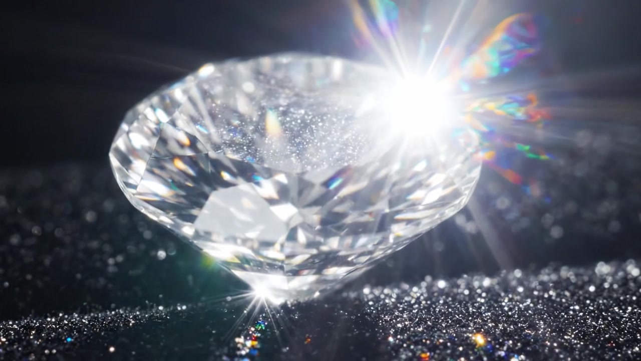 Et fantastisk nærbilde av en funklende diamant som viser dens strålende fasetter, reflekterer lys mot en mørk, glitrende bakgrunn