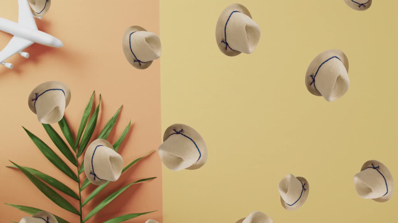 animación de sombreros de sol cayendo sobre el modelo de avión sobre fondo amarillo.