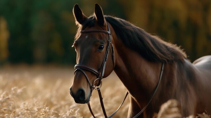 A Captivating Close-Up of a Beautiful Brown Horse in a Golden Field, Showcasing Its Graceful Features and Tranquil Presence in Nature's Splendor