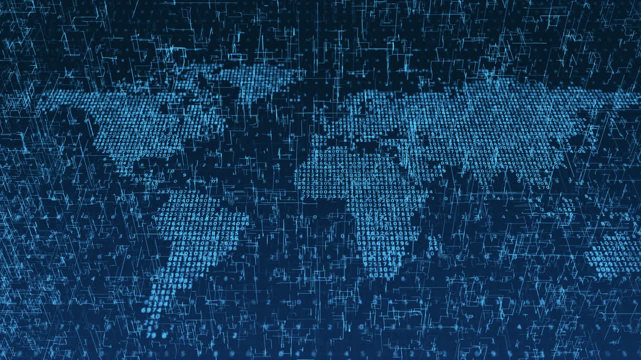 Looping Digital World Map of Binary Code and Numbers on Futuristic Global Network Background
