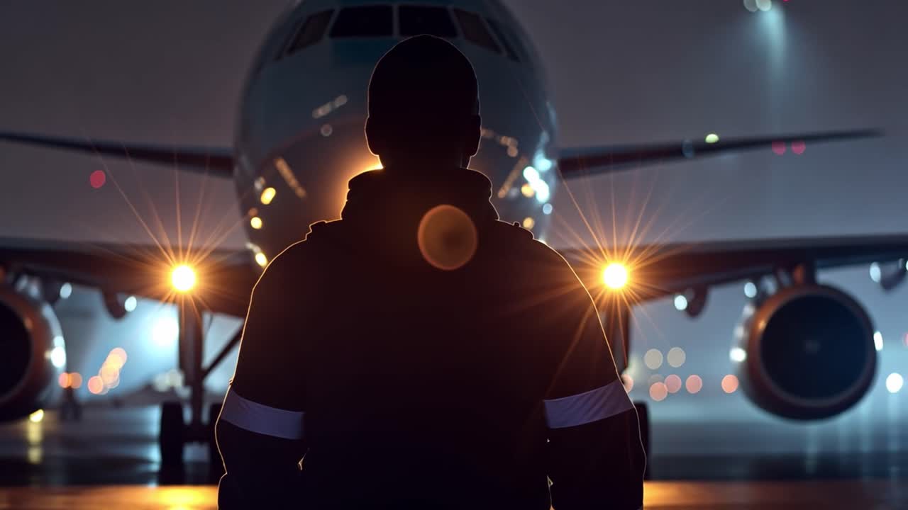 Airplane at night with ground crew silhouette