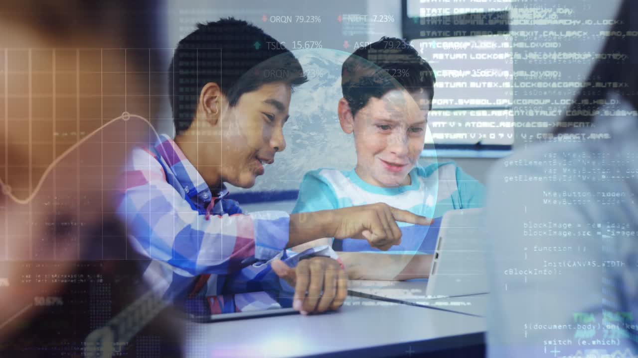 Stock market data processing against two male diverse students using digital tablet in class