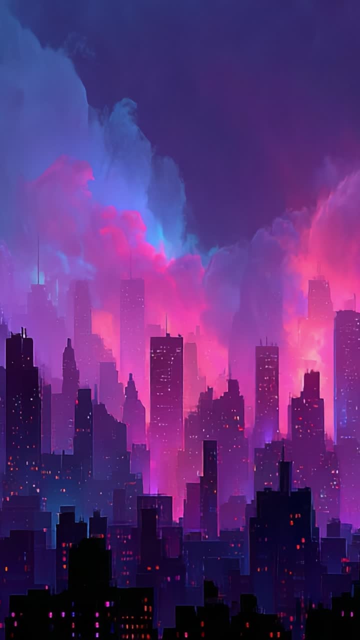 A Captivating Futuristic Cityscape with Vibrant Colors Blending into Night Sky, Illuminated Towers and Ethereal Clouds Creating an Enchanting Atmosphere
