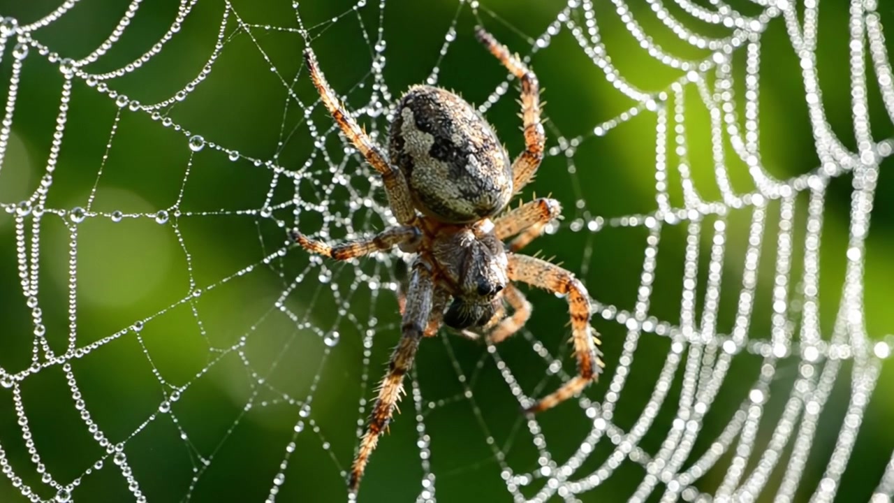 Et fantastisk nærbilde av en edderkopp som manøvrerer gjennom sitt duggkyssete nett, og fanger naturens intrikate detaljer og skjønnhet i hver minste del
