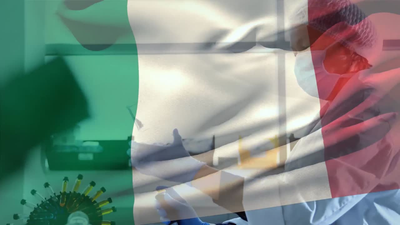 Animazione della bandiera italiana con operatore sanitario sullo sfondo durante la pandemia di coronavirus