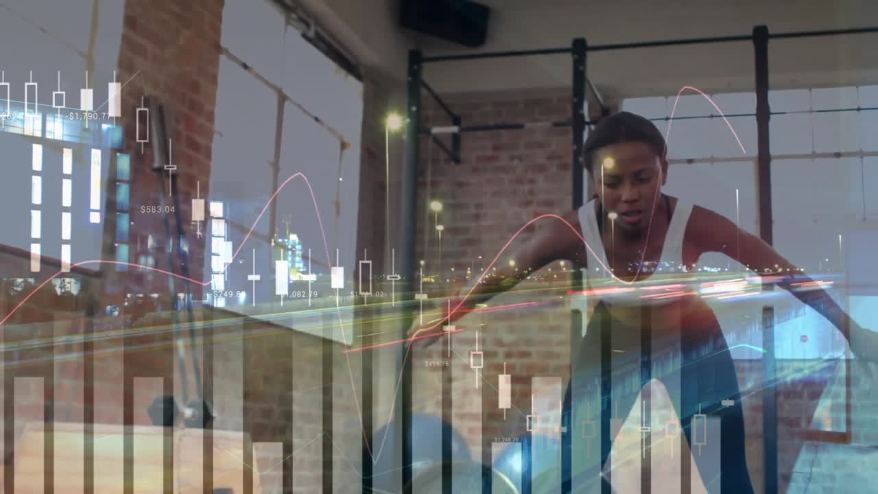 Woman executing side stretch by raising arm while financial chart overlay monitoring performance