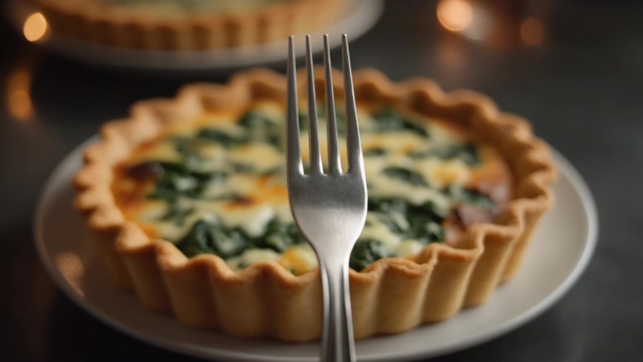 Close-up of a Fork Held in Front of a Spinach Quiche