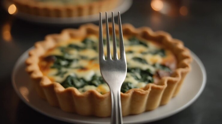Close-up of a Fork Held in Front of a Spinach Quiche