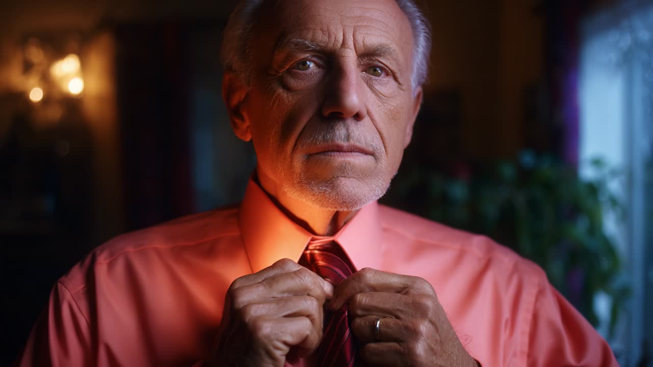A thoughtful elderly gentleman adjusting his tie in a warmly lit room, embodying a sense of contemplation and poise, as he prepares for an important occasion exuding confidence and dignity