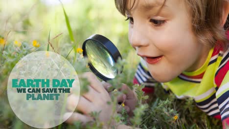 animation of earth day ecology text and logo over happy boy in nature using magnifying glass