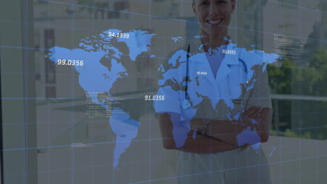 animación del procesamiento de datos financieros sobre una doctora caucásica en un hospital