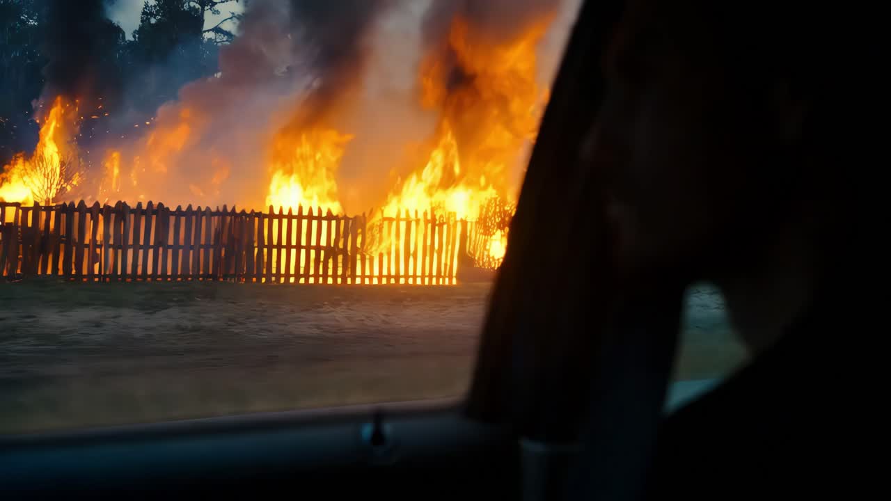 밤에는 나무 울타리와 집이 불타고 있습니다.