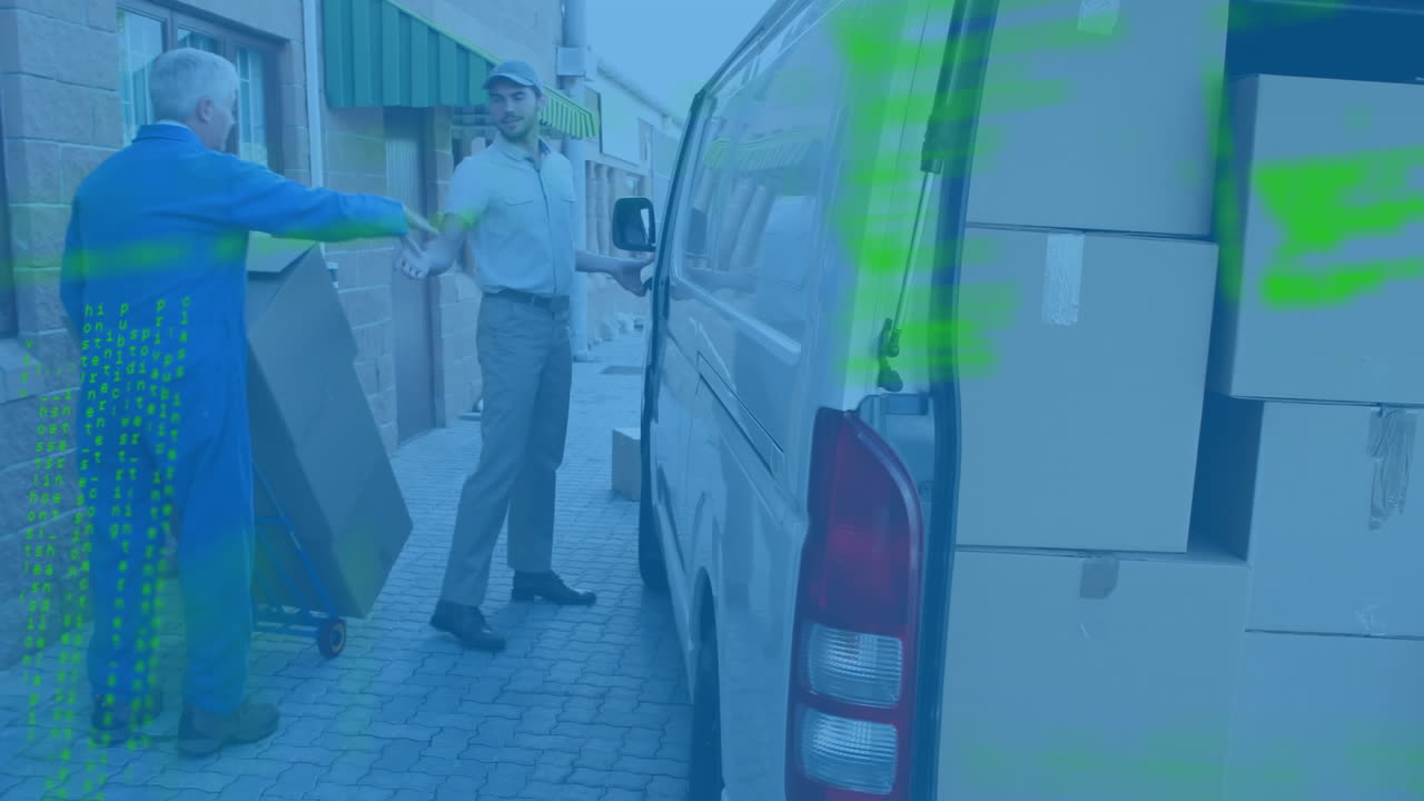 Data processing against caucasian delivery man shaking hands with senior male worker
