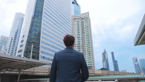 back view of businessman looking out with modern office background