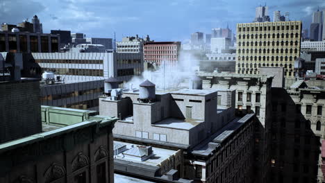 aerial view of a city skyline with smoke stack