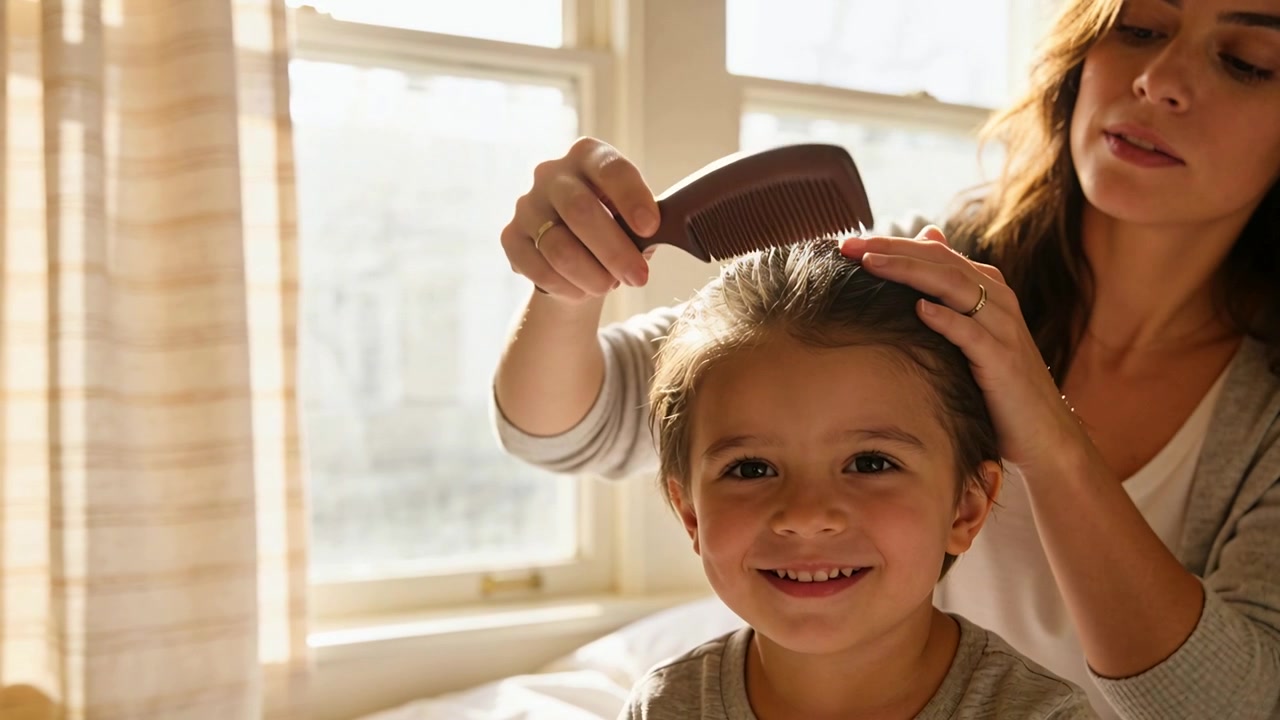 Combing mother in cardigan preparing child on bed in morning light streaming, using wide comb