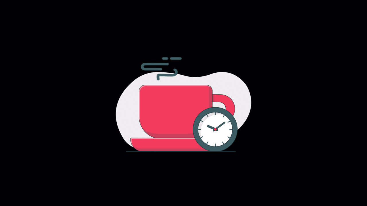 Animated Coffee Cup with Steaming Hot Drink and Moving Clock