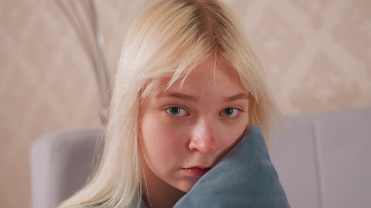 Little kid with long blonde hair leans face gently against soft blue pillow while looking into camera with calm expression, indoor scene captures peaceful moment with soft background