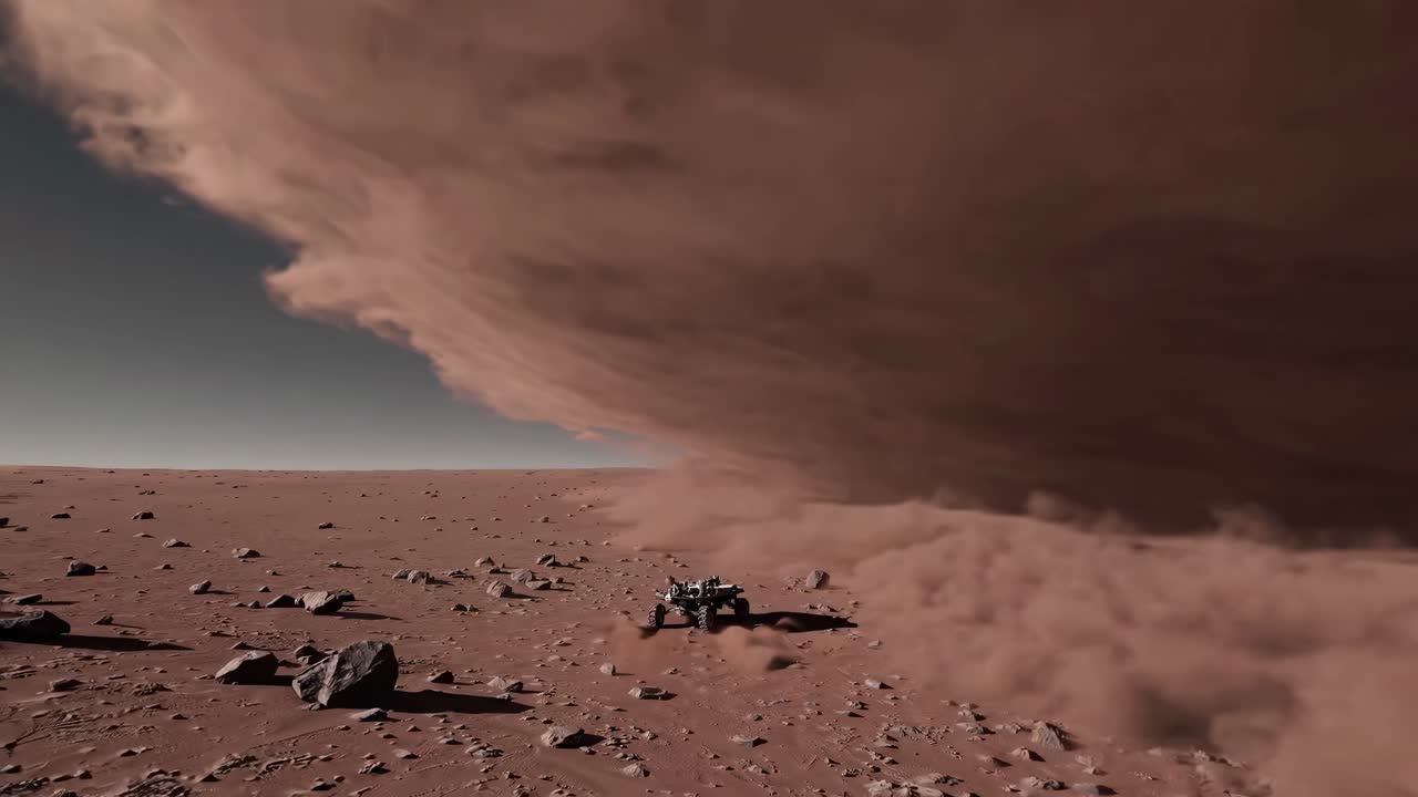 Rover marziano che attraversa una tempesta di polvere