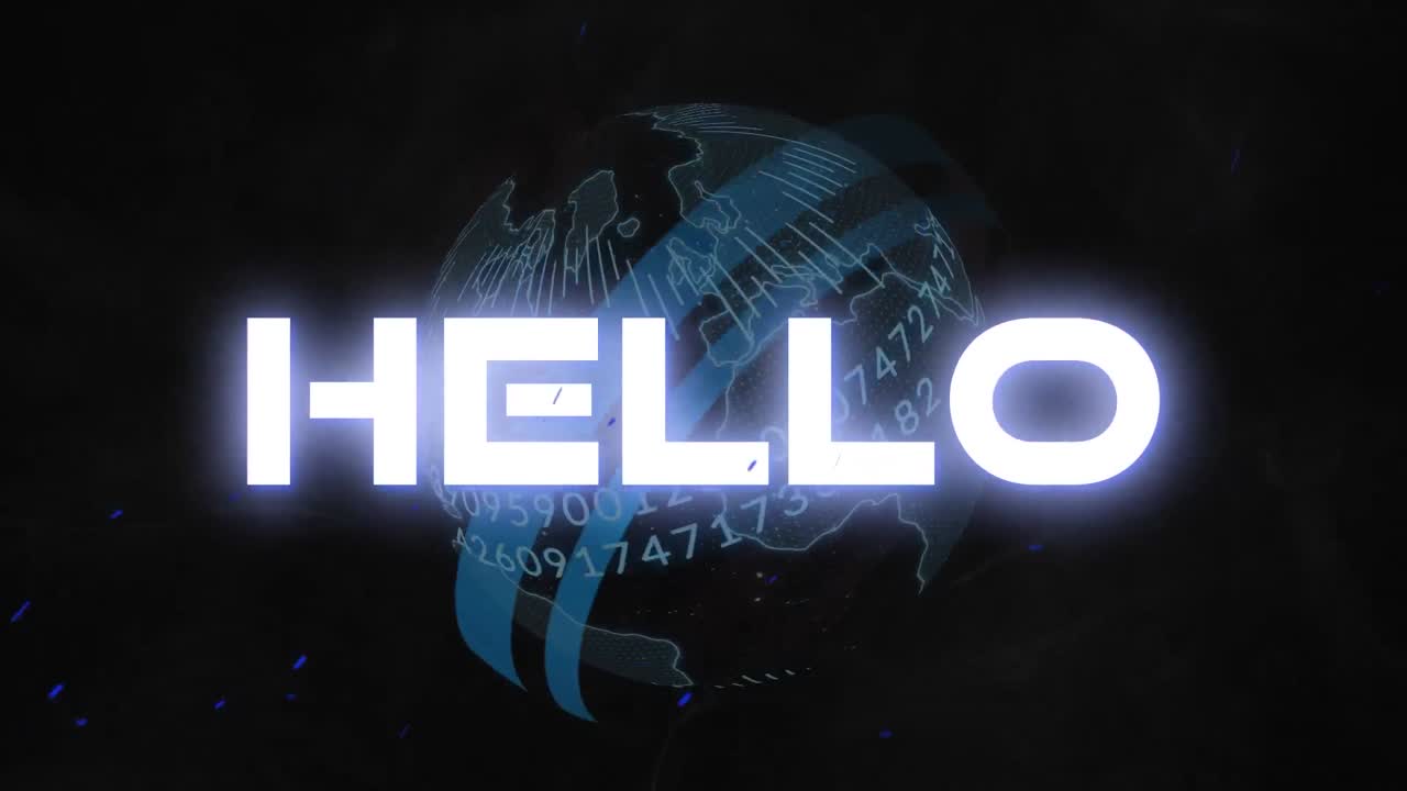 Animation of hello text over globe on dark background