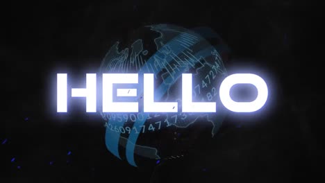 Animation-Von-Hallo-Text-über-Dem-Globus-Auf-Dunklem-Hintergrund